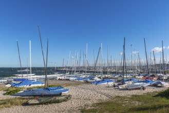 Catamarans on the beach, Strande near Kiel, Rendsburg-Eckernförde district, behind the Olympic and