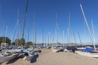 Catamarans on the beach, Strande near Kiel, Rendsburg-Eckernförde district, Baltic Sea, behind the