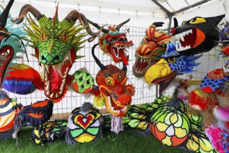 Kite festival, international kite festival, exhibition tent with Asian-style kite heads, Dieppe,