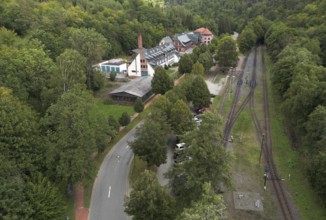 Drone image of Alexisbad station, Selketalbahn, Harzquerbahn, Harzer Schmalspurbahn, Saxony-Anhalt,