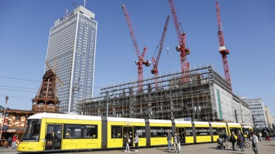 Tram at Alexanderplatz, in the background construction of a high-rise building, Berlin, 27.09.2025,