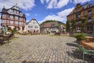 Market square, old town, historic half-timbered houses, stone fountain, market fountain,