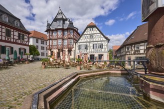 Old town, stone fountain, water, historic half-timbered houses, cobblestone square, outdoor area of