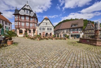 Old town, historic half-timbered houses, fountain, market fountain, cobblestone square, outdoor