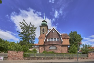 Chapel of St Vincent's Motherhouse, tower, tower clock, trees, blue sky, cumulus clouds,