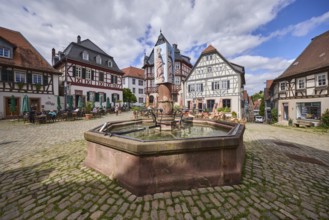 Market fountain, stone fountain, market square, cobblestone square, historic half-timbered houses,