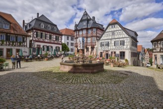 Old town, historic half-timbered houses, stone fountain, market fountain, cobblestone square,