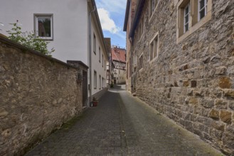 Museum for town history and folklore, old town, alley, sandstone building, half-timbered houses,