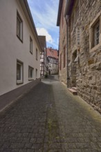 Museum for town history and folklore, old town, alley, sandstone building, half-timbered houses,