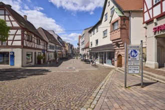 Access to pedestrian zone with traffic sign, half-timbered houses, general architecture, city