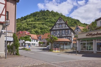 Schlossberg, general architecture, half-timbered house, lantern, hill, forest, trees, blue sky,