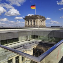 Viewing platform with a German flag in the wind on one of the corner towers and a view of an inner