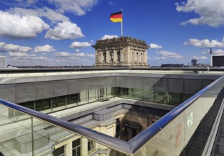 Viewing platform with a German flag in the wind on one of the corner towers and a view of an inner