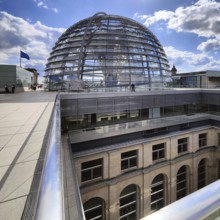 Viewing platform with a view of an inner courtyard and the Reichstag dome, government district,