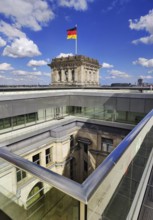 Viewing platform with a German flag in the wind on one of the corner towers and a view of an inner