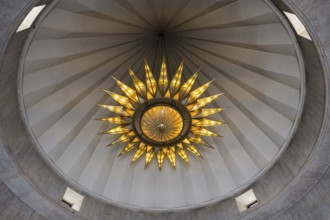 View upwards to a brightly decorated ceiling with a geometric pattern, Yazidi temple, Shekhubekir,
