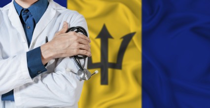 Barbados healthcare concept. Doctor with stethoscope on Barbados flag. Doctor holding stethoscope