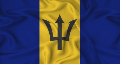 Realistic Barbados flag waving. Close up of flag of Barbados with cloth texture