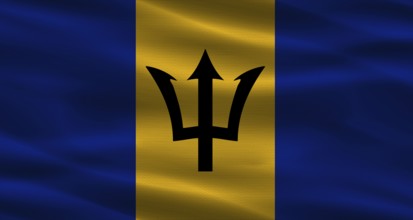 Barbados flag with fabric texture. Realistic flag of Barbados waving