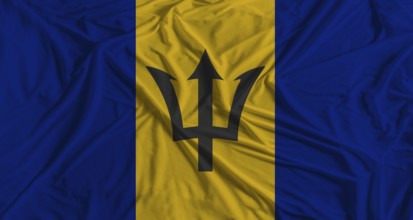 Barbadian flag with fabric texture background. National flag of Barbados