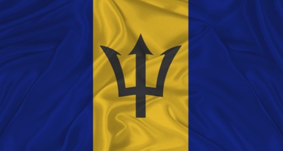 Flag of Barbados with cloth texture. Close up of Barbados flag waving