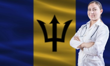 Female doctor on Barbados flag. Doctor with crossed arms on Barbados flag. Barbados health and care