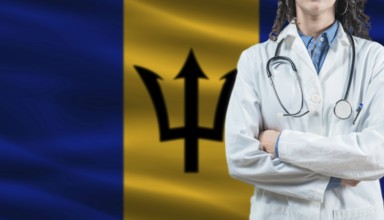 Medical professional on Barbados flag. Healthcare and wellness in Barbados, Concept
