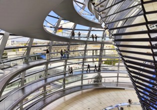 Interior view of the Reichstag dome with mirror cone and visitors, Reichstag building, landmark,