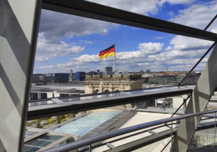 Interior view of the Reichstag dome with a view of a German flag without people, Reichstag