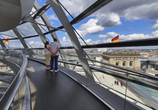 Interior view of the Reichstag dome with visitors and German flags, Reichstag building, government