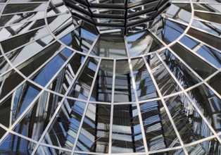 Reichstag dome, interior view from top to bottom of the glazed mirror cone, Reichstag building,