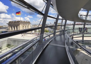 Interior view of the Reichstag dome with visitors and the German flag, Reichstag building,