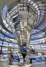 Interior view of the Reichstag dome with the mirror cone and visitors, Reichstag building,
