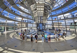 Interior view of the Reichstag dome with the mirror cone and visitors, Reichstag building,