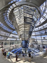 Interior view of the Reichstag dome with the mirror cone and visitors, Reichstag building,