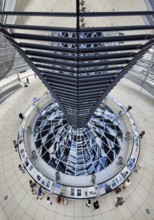 Reichstag dome, interior view from top to bottom of the mirror cone with visitors, Reichstag