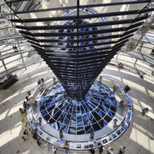 Reichstag dome, interior view from top to bottom of the mirror cone with visitors, Reichstag