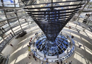 Reichstag dome, interior view from top to bottom of the mirror cone with visitors, Reichstag