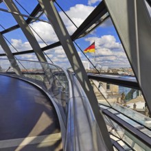Interior view of the Reichstag dome with a view of a German flag without people, Reichstag