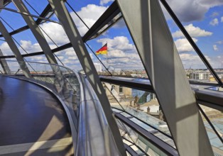 Interior view of the Reichstag dome with a view of a German flag without people, Reichstag