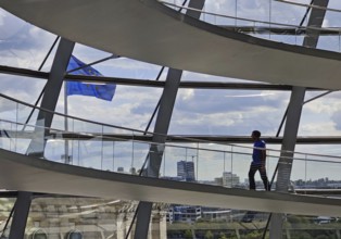 Interior view of the Reichstag dome with a view of a European flag and a person, Reichstag