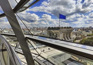 Interior view of the Reichstag dome with a view of a European flag without people, Reichstag