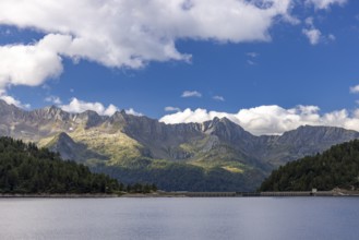View over Lake Ritom into Val Bedretto, Airolo, Ticino, Switzerland