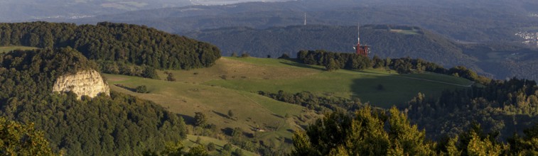 Panorama of Wisner Flueh and Frohburg with transmission tower from the Wisenberg tower, Wisen,