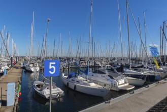 Olympic harbour Schilksee, Olympic Games 1972, sailing yachts at the jetty, flag sailing school,