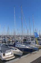 Olympic harbour Schilksee, Olympic Games 1972, sailing yachts at the jetty, flag sailing school,