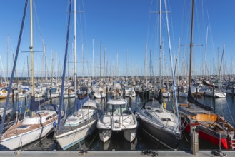 Olympic harbour Schilksee, Olympic Games 1972, sailing yachts at the jetty, ship masts, sunshine,