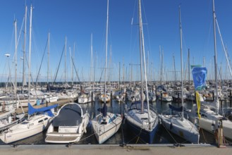 Olympic harbour Schilksee, Olympic Games 1972, sailing yachts at the jetty, flag sailing school,