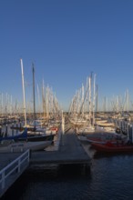Olympic harbour Schilksee, Olympic Games 1972, sailing yachts at the jetty, ship masts in a row,