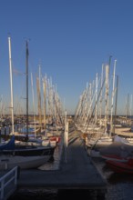 Olympic harbour Schilksee, Olympic Games 1972, sailing yachts at the jetty, ship masts in a row,